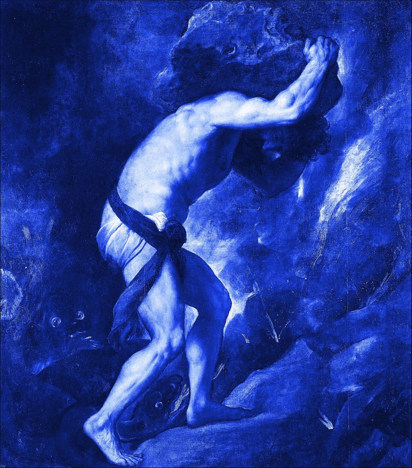 Sísifo, de Ticiano, em duotone azul: um homem musculoso carrega uma pedra enorme nos ombros, morro acima.